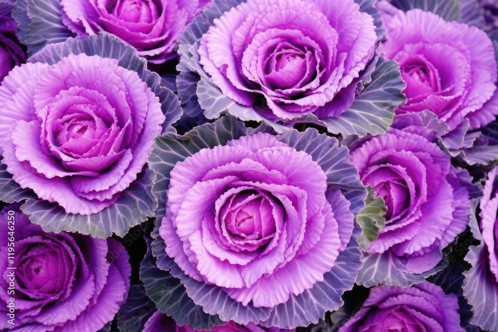 Fototapeta premium Stunning Natural Background of Ornamental Cabbage Kale with Purple and Magenta Leaves in Curly Rosette Shape