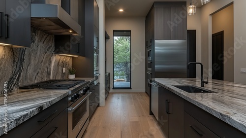 Modern kitchen with dark cabinetry, granite countertops, and stainless steel appliances. A large window offers a view of the outdoors.