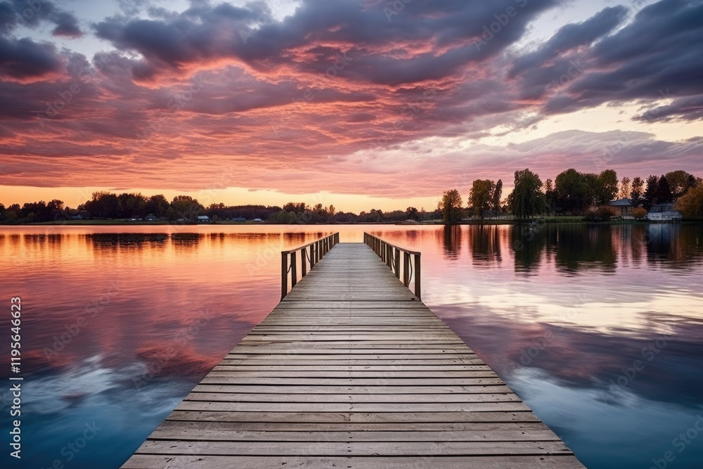 Naklejka premium Symmetrical Beauty. A Long Wooden Pier Extending into the Calm Waters at Sunset