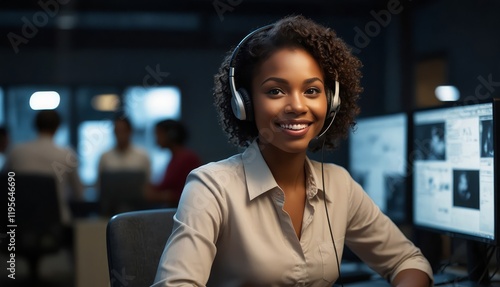 Call center, telemarketing and happy black woman on computer, listen or help desk at night