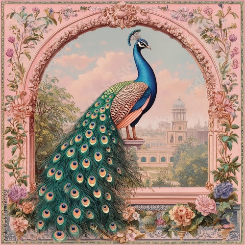 A Mughal-inspired garden illustration featuring a peacock, floral patterns, and traditional motifs. Perfect for decor and cultural designs.