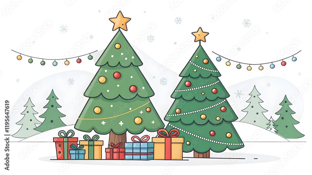 Fototapeta premium Cheerful Christmas Trees with Festive Decorations and Gifts V5