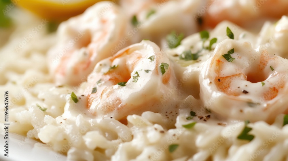 Close-up of rice with creamy shrimp alfredo. Featuring shrimp cooked in a creamy alfredo sauce, served over rice. Emphasizing a rich, indulgent dish. Ideal for alfredo recipes. Close-up of rice with creamy shrimp alfredo. Featuring shrimp cooked in a creamy alfredo sauce, served over rice. Emphasizing a rich, indulgent dish. Ideal for alfredo recipes.