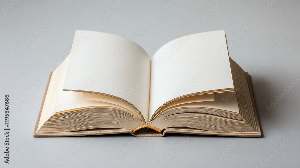 Open book, blank pages, studio, grey background, mockup Open book, blank pages, studio, grey background, mockup