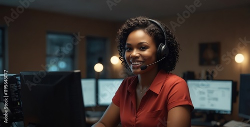 Call center, telemarketing and happy black woman on computer, listen or help desk at night