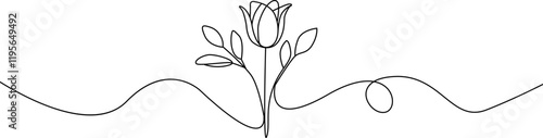 Rose one line drawing.Abstract flower continuous line. Minimalist contour drawing of rose. Continuous line drawing of flower rose . Hand drawn sketch of flower with leaves.