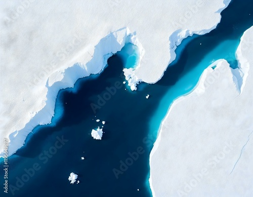 Aerial view, glacial landscape, ice sheets, turquoise water, abstract patterns, satellite imagery, climate change visualization