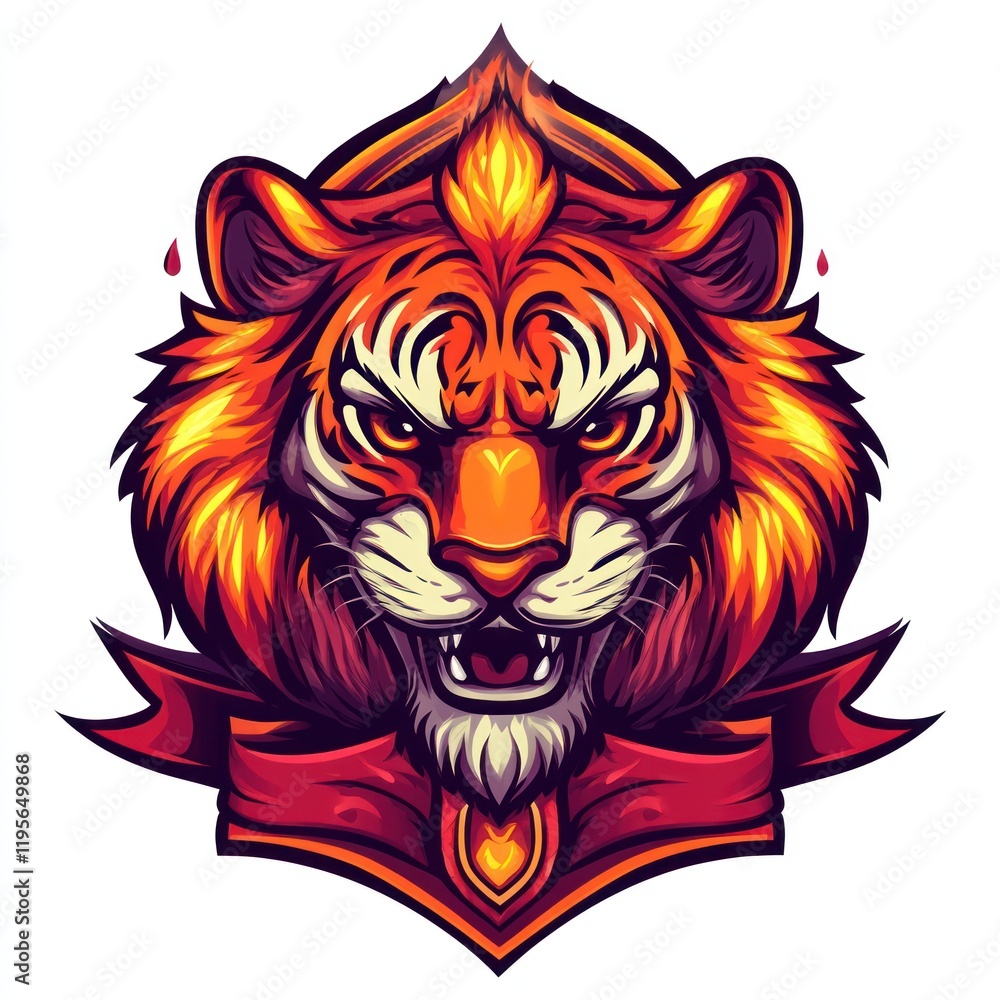 Tiger head with ribbon, outlined graphic design, decorative art Tiger head with ribbon, outlined graphic design, decorative art