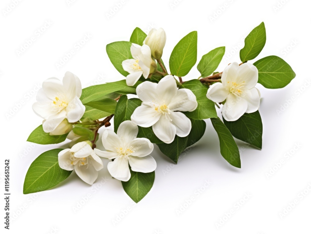 Obraz premium White Jasmine Flowers Isolated on White Background - Botanical Tea Plant with Ornamental Bunch of Leaves for Formal Setting and Floral Arrangements