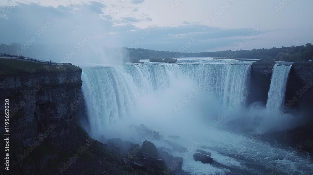A dramatic long exposure of the Horseshoe Falls at Niagara, with silky water cascading into the misty gorge. A dramatic long exposure of the Horseshoe Falls at Niagara, with silky water cascading into the misty gorge.
