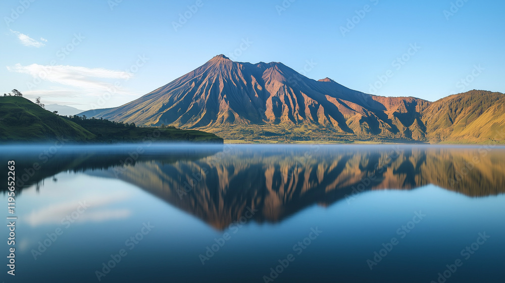Naklejka premium Volcanic Mountain Reflection in Calm Lake at Morning Light Serene Nature Photography