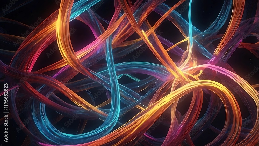 Abstract glowing light trails in vibrant neon colors on a dark background, representing energy, motion, and futuristic technology. Abstract glowing light trails in vibrant neon colors on a dark background, representing energy, motion, and futuristic technology.