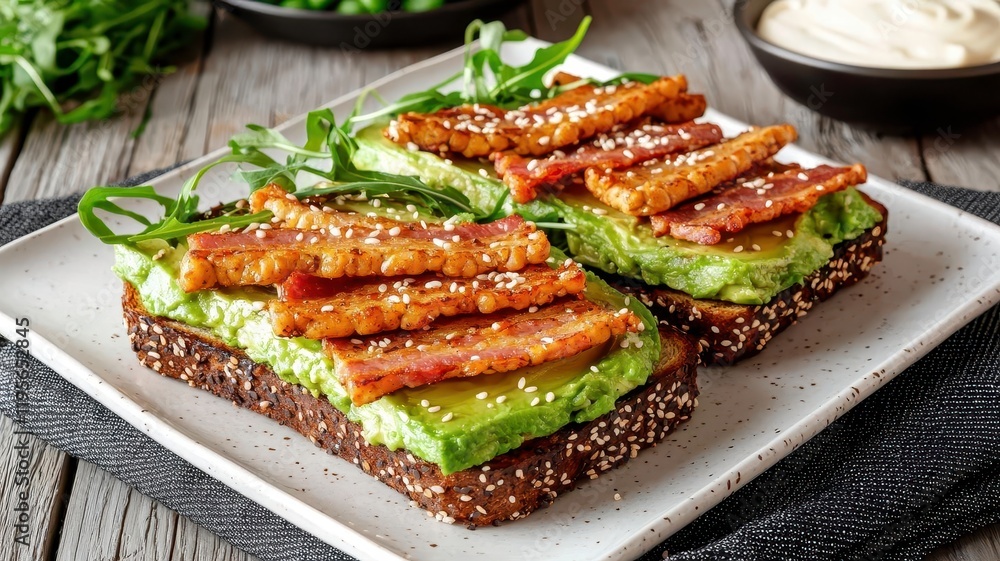Avocado toast vegan recipe concept. A delicious plate featuring toasted multigrain bread topped with creamy avocado, crispy strips, and sesame seeds. Avocado toast vegan recipe concept. A delicious plate featuring toasted multigrain bread topped with creamy avocado, crispy strips, and sesame seeds.