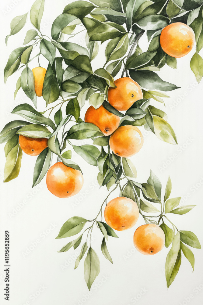 A Refreshing Watercolor Painting of a Citrus Tree in Full Fruit A Refreshing Watercolor Painting of a Citrus Tree in Full Fruit