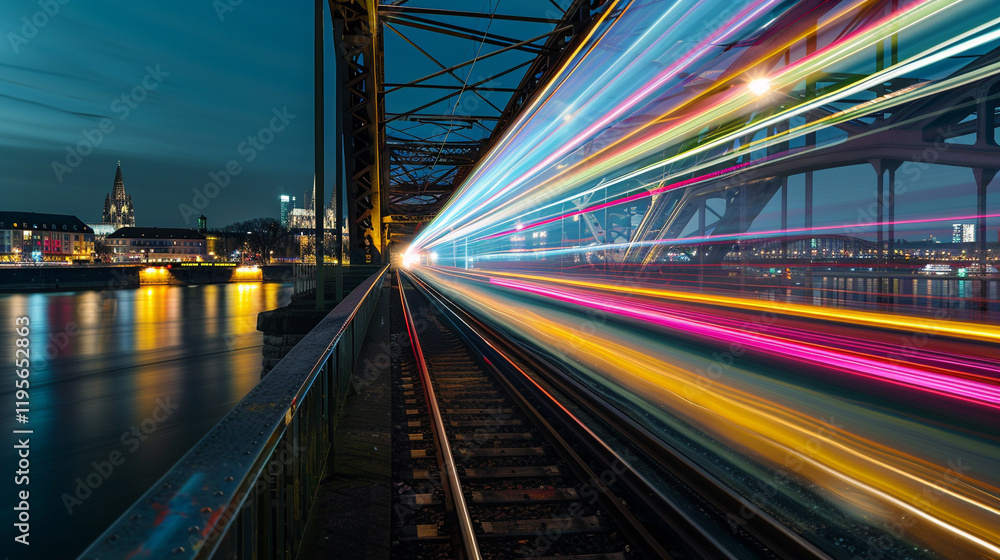 A dynamic long exposure of the Hohenzollern Bridge in Cologne, Germany, with glowing train light trails. A dynamic long exposure of the Hohenzollern Bridge in Cologne, Germany, with glowing train light trails.