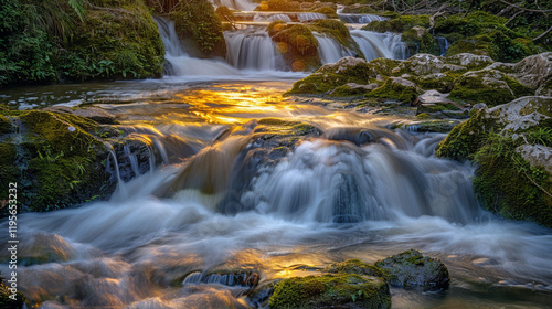 A long exposure of Iguazu Falls from the Brazilian side, with silky water flowing over mossy rocks.