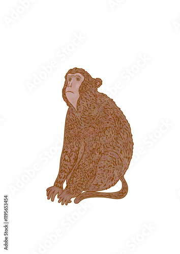 Hand drawn retro illustration of a chimpanzee monkey isolated on a transparent background. Monochrome flat wild and zoo animals in trendy brown color photo