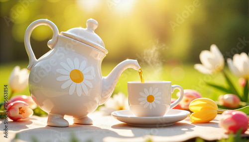 Teapot pouring tea into cup surrounded by flowers in sunlight, Spring Creativity Theme