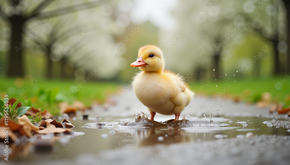 Duckling splashing in puddle on grassy path, Spring Creativity Theme Duckling splashing in puddle on grassy path, Spring Creativity Theme