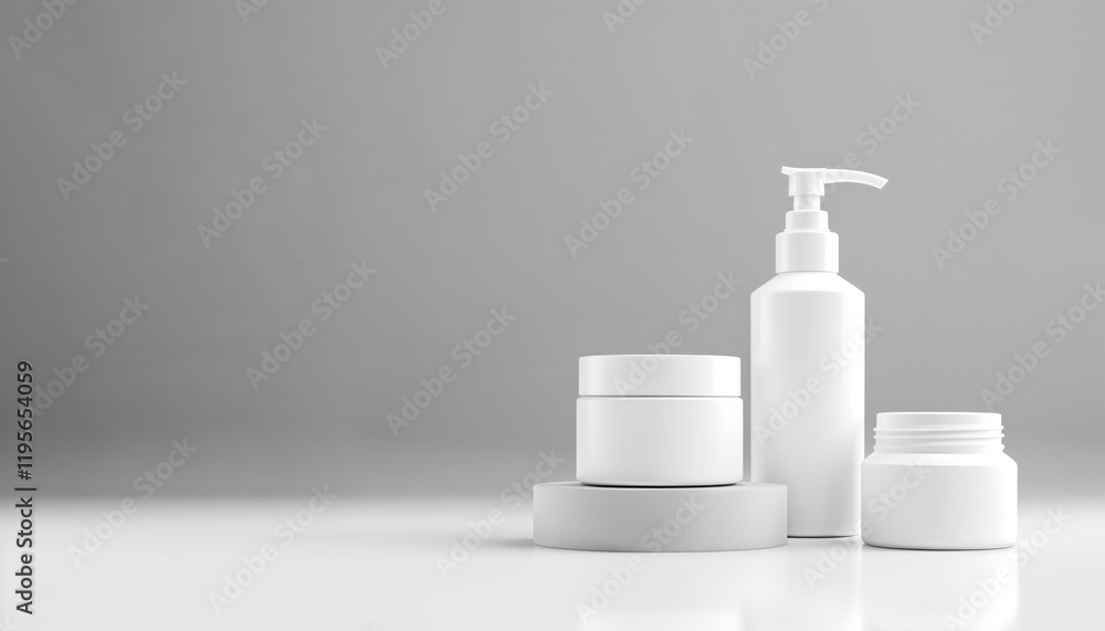 White cosmetic bottles and jars, minimalist design, skincare packaging, grey background, matte finish, soft lighting, 3D render, beauty products. White cosmetic bottles and jars, minimalist design, skincare packaging, grey background, matte finish, soft lighting, 3D render, beauty products.