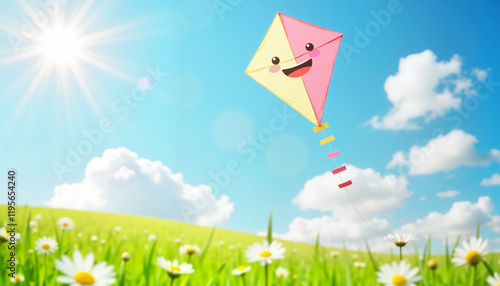 Happy kite flying in a sunny blue sky above a flower field, Spring Creativity Theme photo