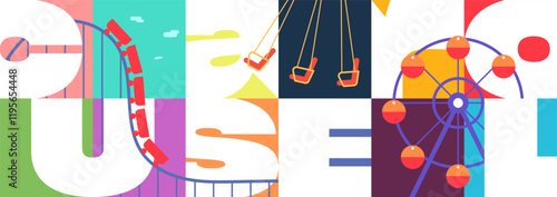 Colorful amusement park banner. Vibrant carousel, ferris wheel and rollercoaster. Funfair themed design perfect for festival flyers, event posters or playful invitations celebrating joy and leisure