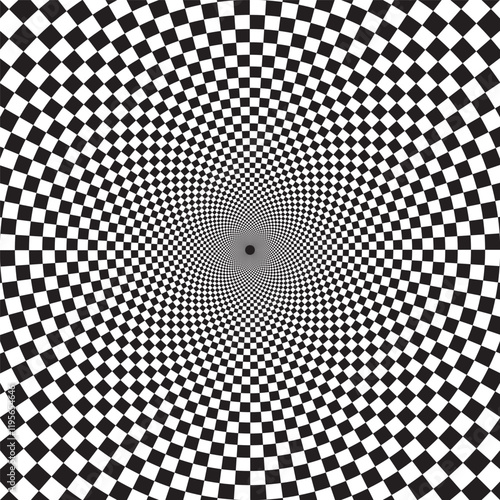 Optical checkered spiral illusion background. Magic psychedelic pattern, swirl illusions and hypnotic abstract card.