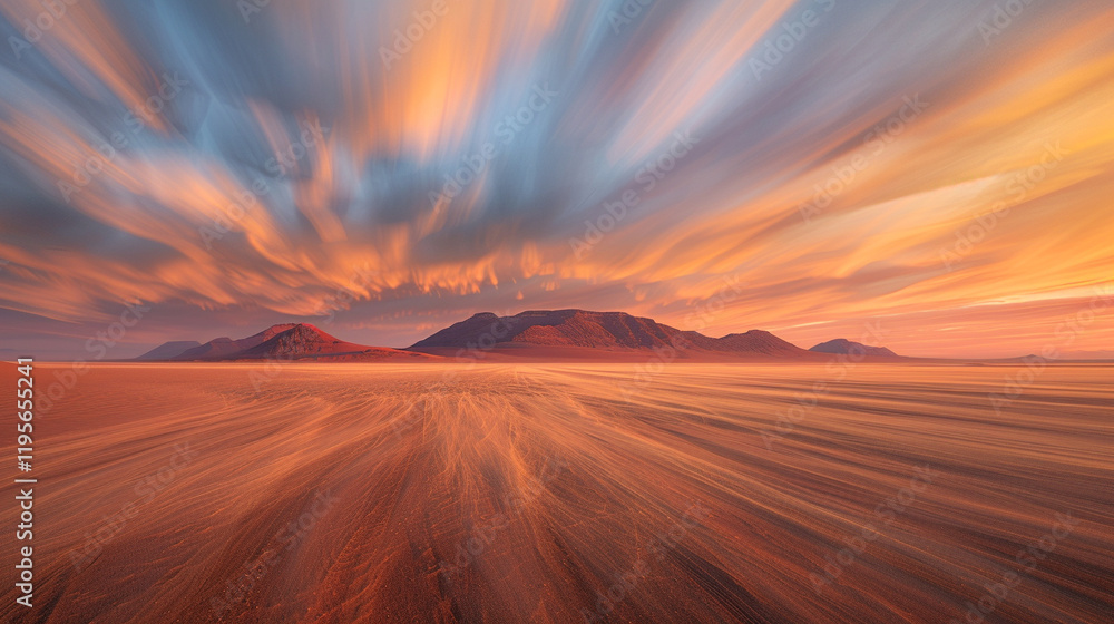 A peaceful sunrise over the Namib Desert in Namibia, with blurred clouds streaking across vast dunes. A peaceful sunrise over the Namib Desert in Namibia, with blurred clouds streaking across vast dunes.