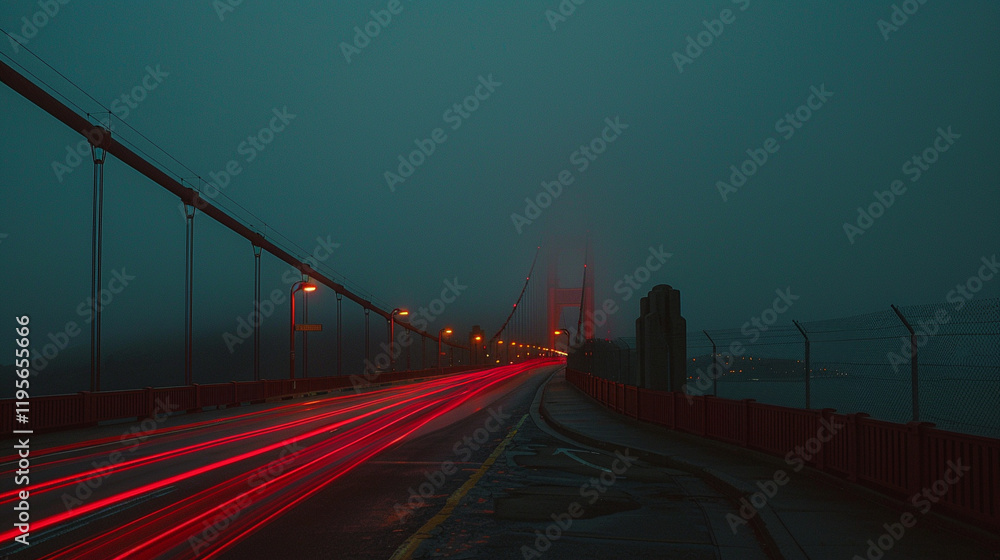 Fototapeta premium A serene long exposure of the Golden Gate Bridge in San Francisco at dusk, with streaks of car lights.