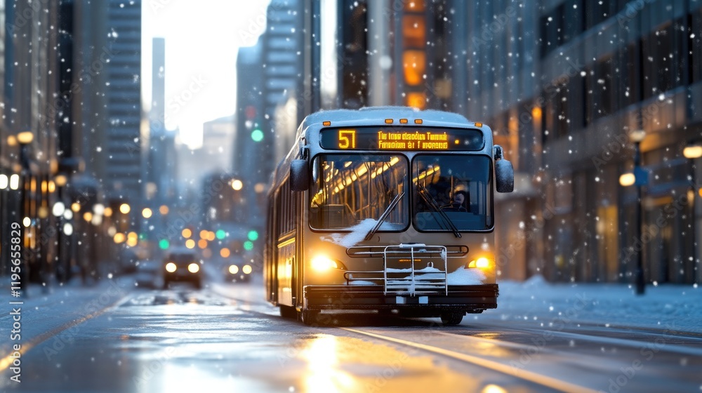 Fototapeta premium Radiant Snowy Bus in Winter Morning