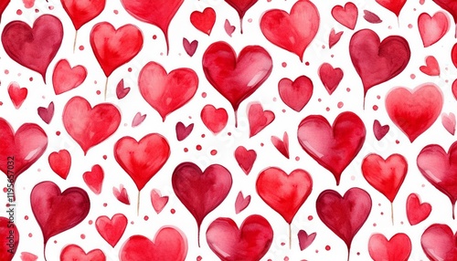 seamless pattern of watercolor red hearts on white background
