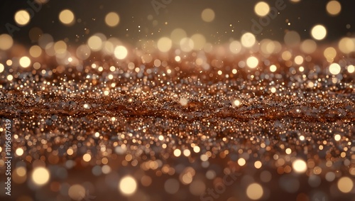 This is a close up abstract image of a surface covered in glittering bronze particles with a blurred background of yellow bokeh lights.