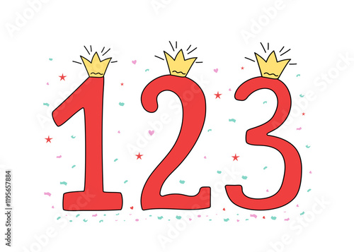 Bright digit, number 1, 2, 3 in crown. Drawing, doodle. Cartoon number. Design of greeting children's card. Holiday, birthday. Vector icon, illustration, white isolated background.