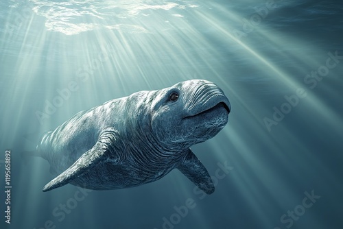 Protocetus, an extinct early cetacean from the middle eocene, swimming gracefully through sunlit ocean waters, highlights the beauty of prehistoric marine life in a serene environment photo