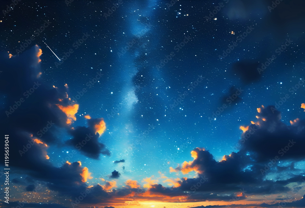 Naklejka premium A breathtaking night sky filled with stars and illuminated by a radiant sunset