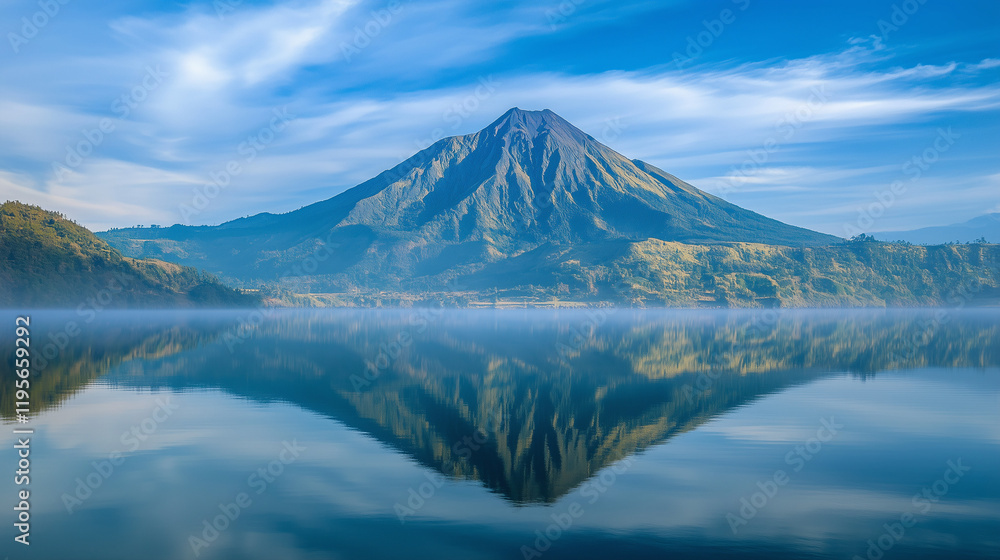 Fototapeta premium Volcanic Mountain Reflection in Calm Lake at Morning Light Serene Nature Photography