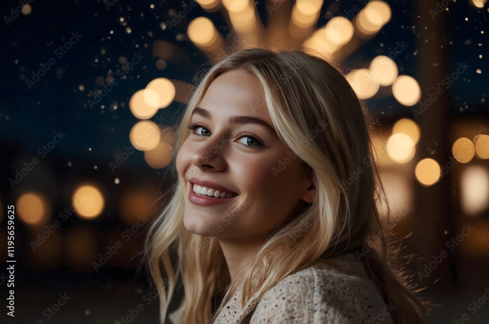 A beautiful blonde girl, smiling against the background of fireworks. A beautiful blonde girl, smiling against the background of fireworks.