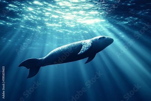 Ambulocetus natans, an early whale, gracefully swims through the sunlit depths of a prehistoric ocean, showcasing its transitional form between land mammals and marine cetaceans photo