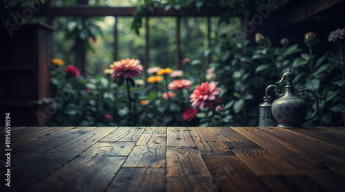 Flowers in a vase on a table in a colorful garden
