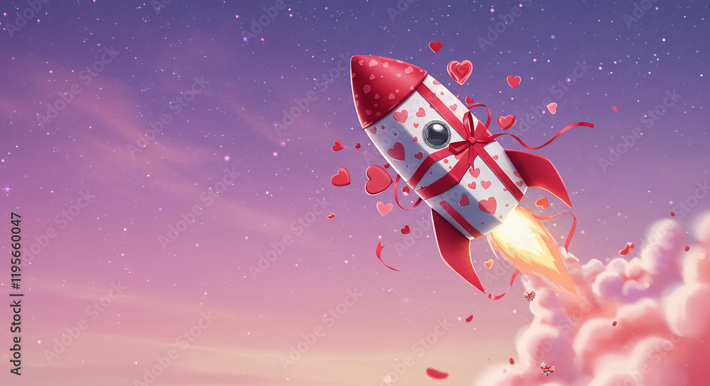 Naklejka premium Valentine's Day Rocket Ship Gift, Love Launch into Space, Romantic Gift Idea