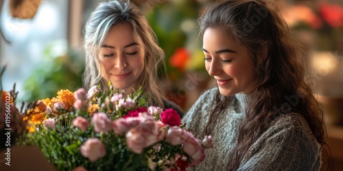 A loving moment of a daughter giving flowers and a gift to her mother on Mother's Day. Great for holiday promotions, family advertisements, and greeting cards.