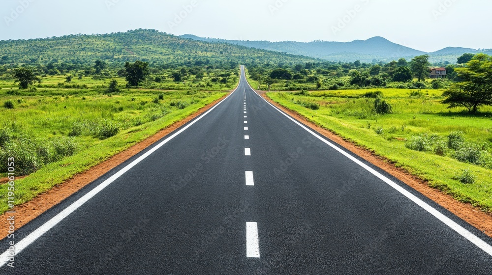 Fototapeta premium Scenic highway through lush green landscape under clear blue sky