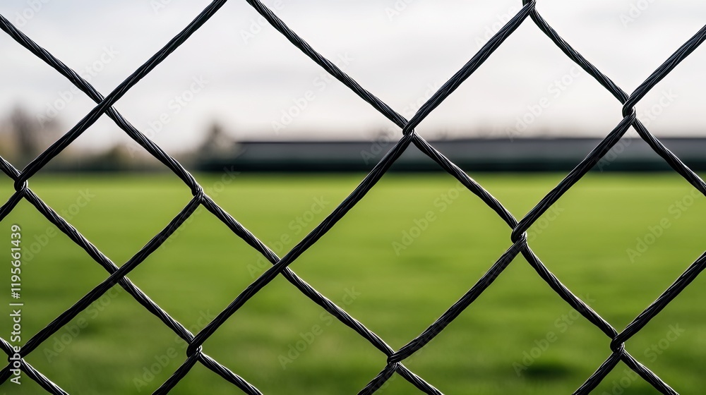 Black chain-link fence positioned in front of a blurred school, highlighting vibrant green grass in a sunny setting Black chain-link fence positioned in front of a blurred school, highlighting vibrant green grass in a sunny setting