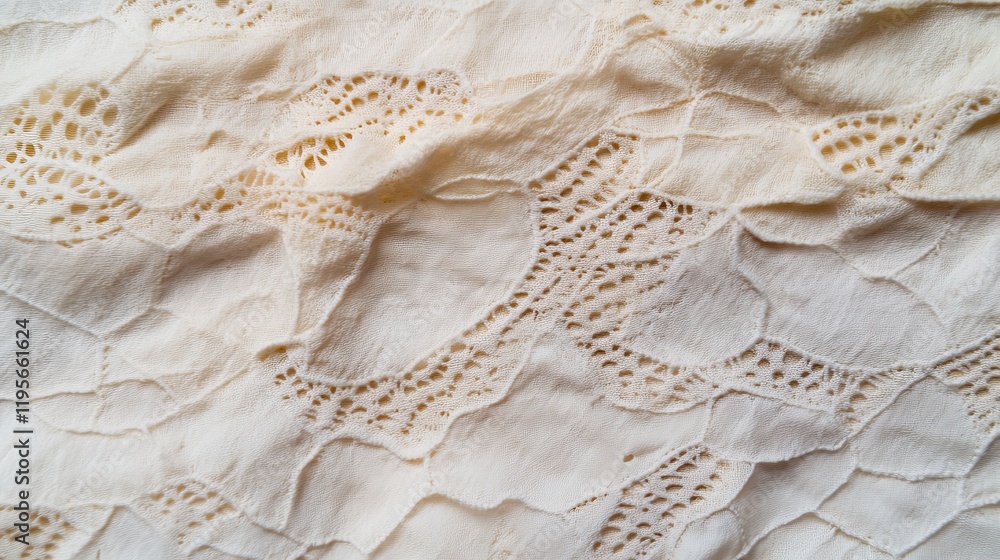 Obraz premium Close-up of a creamy beige fabric with intricate lace detailing. The texture is soft and delicate, creating a romantic and elegant feel.