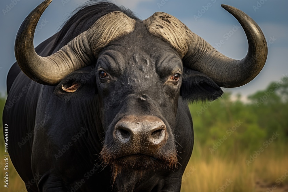 Majestic Cape Buffalo Bull. Wildlife Safari Photography of a Magnificent Wild Animal with Huge Horns, Looking at the Camera in its Natural Habitat Majestic Cape Buffalo Bull. Wildlife Safari Photography of a Magnificent Wild Animal with Huge Horns, Looking at the Camera in its Natural Habitat