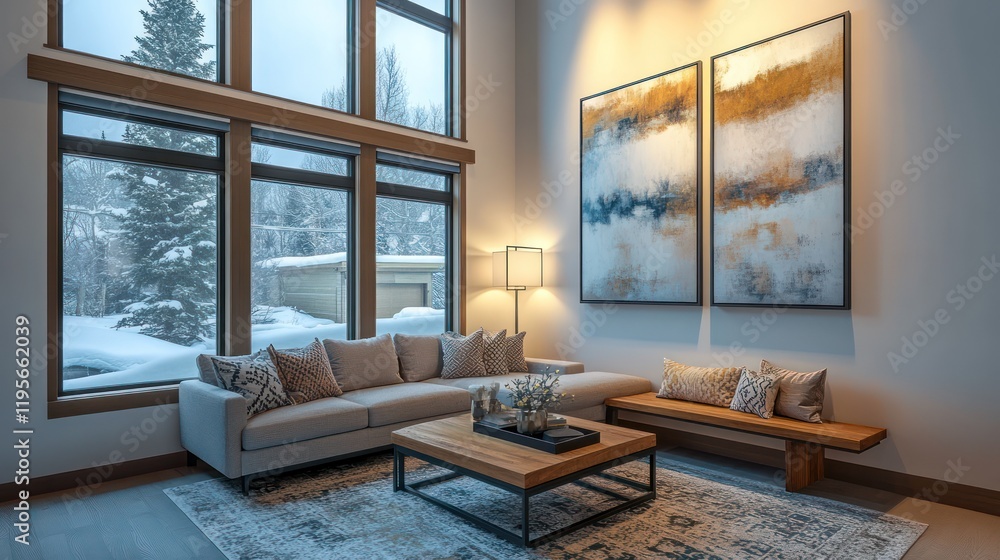 Fototapeta premium Modern living room with large windows, cozy sofa, coffee table, and contemporary wall art Soft lighting from above, a rug beneath, and a small wooden bench providing additional seating or storage