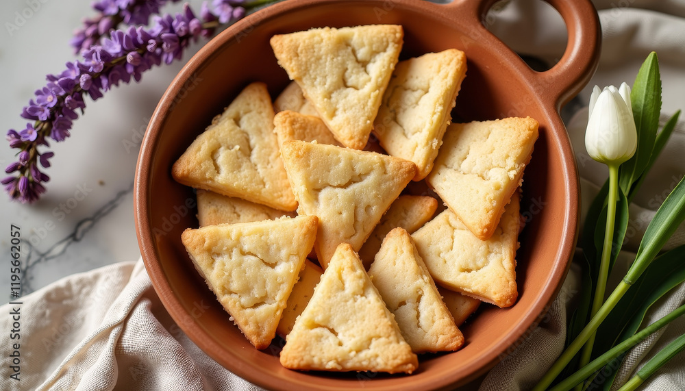 Triangular cookies arranged in clay dish with flowers, culinary delight Triangular cookies arranged in clay dish with flowers, culinary delight