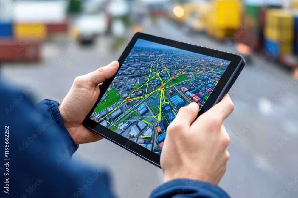 Tablet Displaying Real-Time Logistics Routes at Port Tablet Displaying Real-Time Logistics Routes at Port