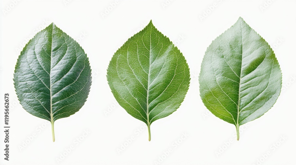 Close-Up View of Three Distinct Green Leaves on White Background Close-Up View of Three Distinct Green Leaves on White Background