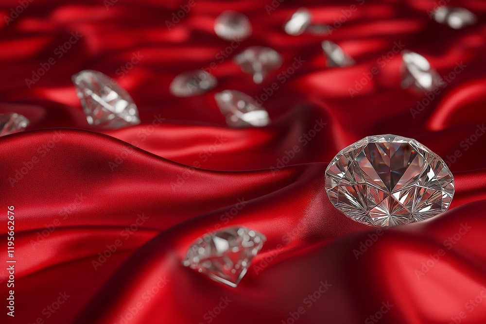 Diamonds scattered over a bed of red silk fabric with soft lighting. Diamonds scattered over a bed of red silk fabric with soft lighting.